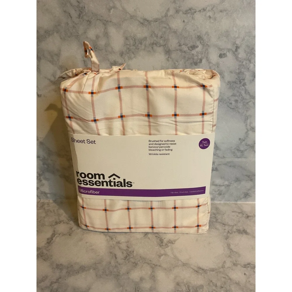 Room Essentials Twin XL Microfiber Sheet Set Pink Grid Plaid 3pc Bedding New